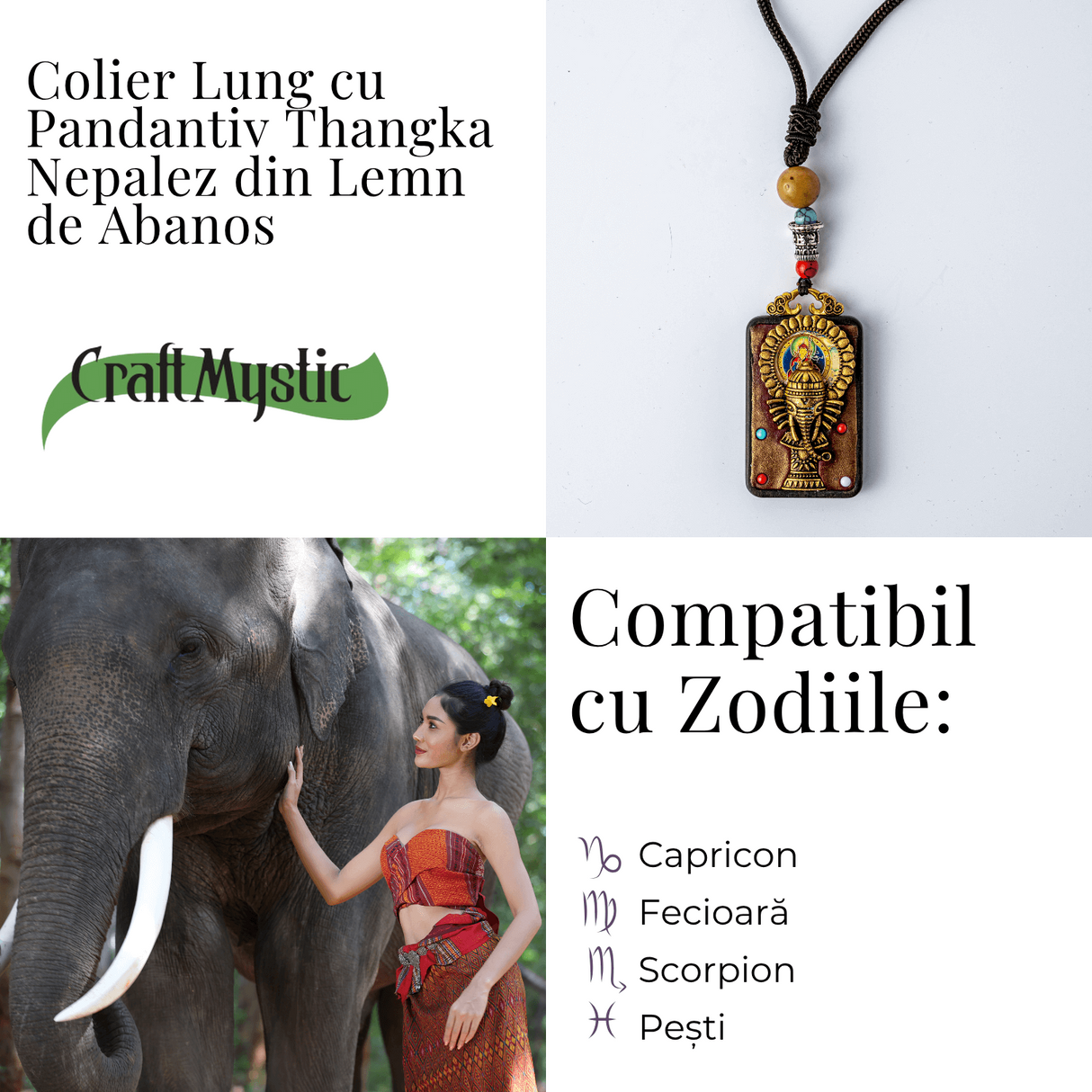 Colier Thangka Nepalez din Lemn de Abanos cu Ganesha - Protectie, Intelepciune si Noi Inceputuri