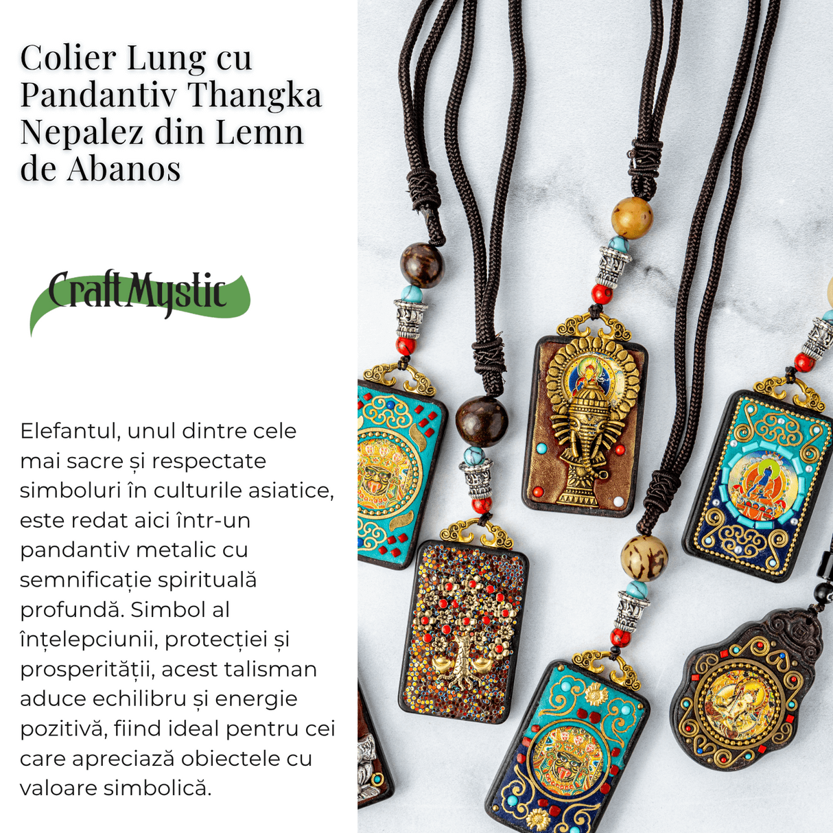 Colier Thangka Nepalez din Lemn de Abanos cu Ganesha - Protectie, Intelepciune si Noi Inceputuri