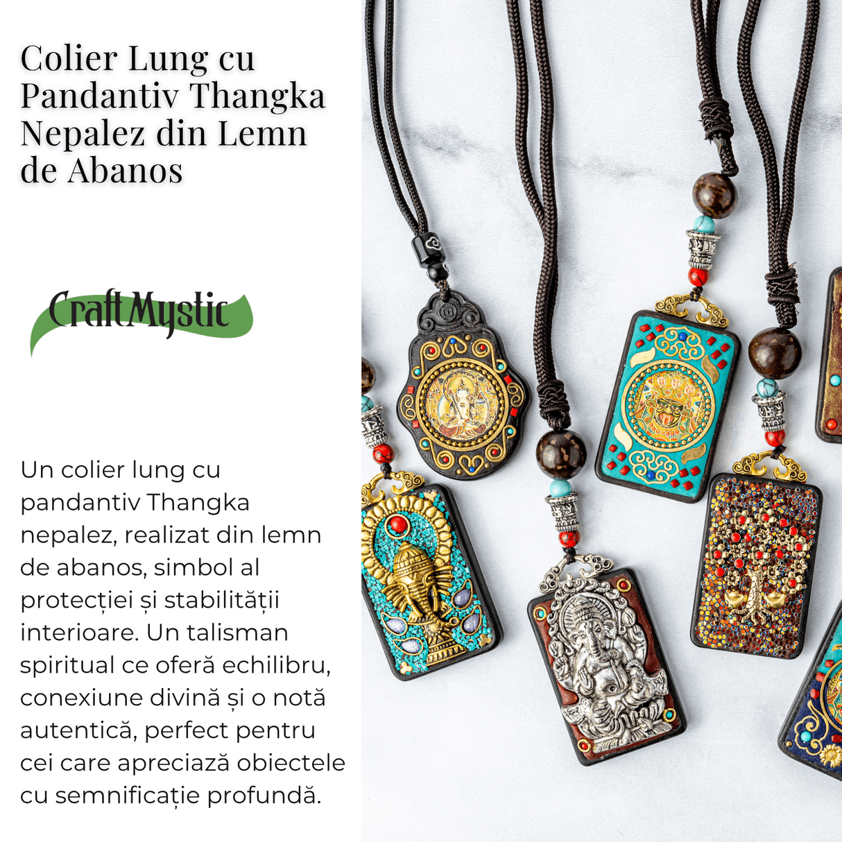 Colier Thangka Nepalez din Lemn cu Leul de Zapada - Curaj, Protectie si Echilibru Divin