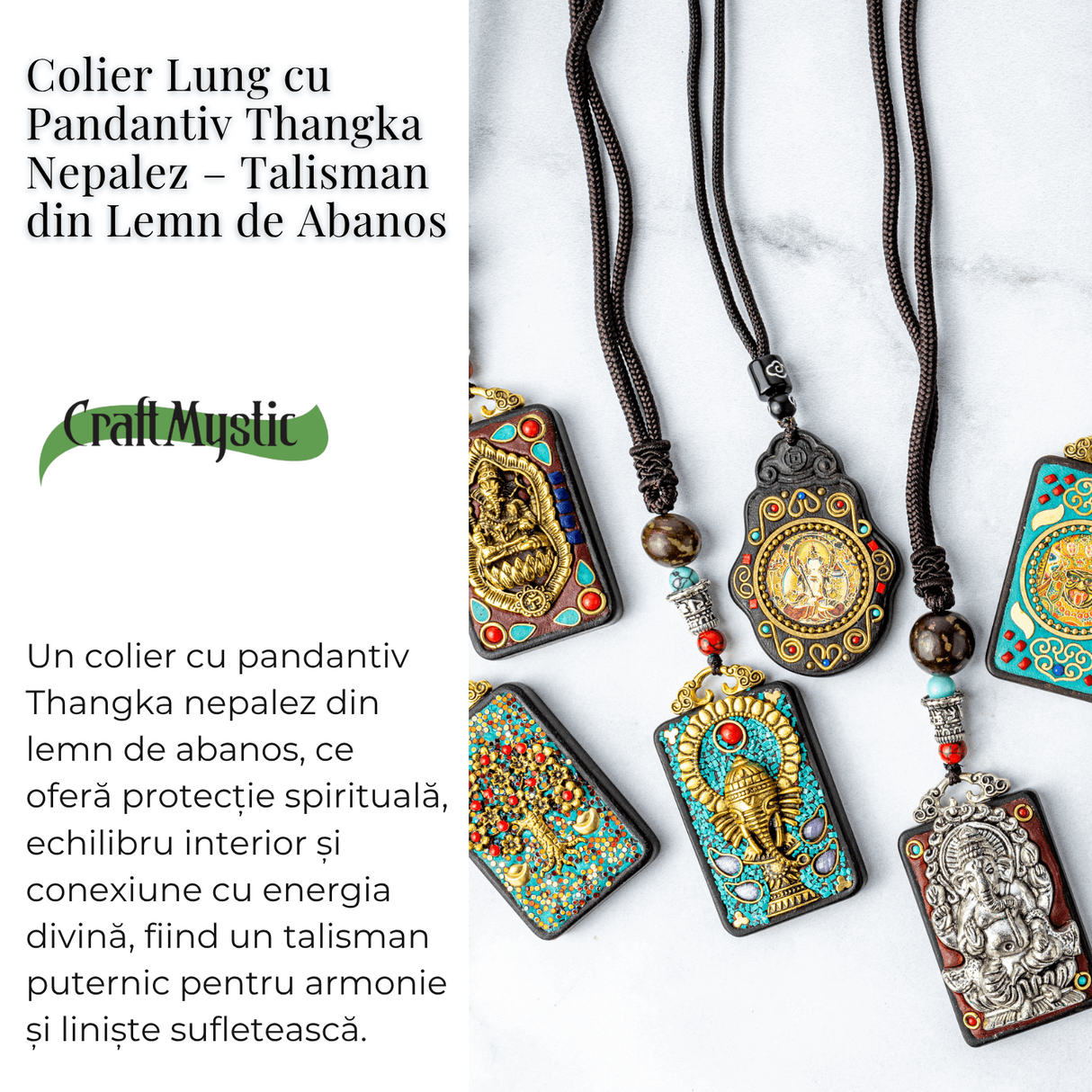 Colier Thangka Nepalez din Lemn de Abanos cu Zeita Saraswati - Claritate Spirituala si Inspiratie Divina