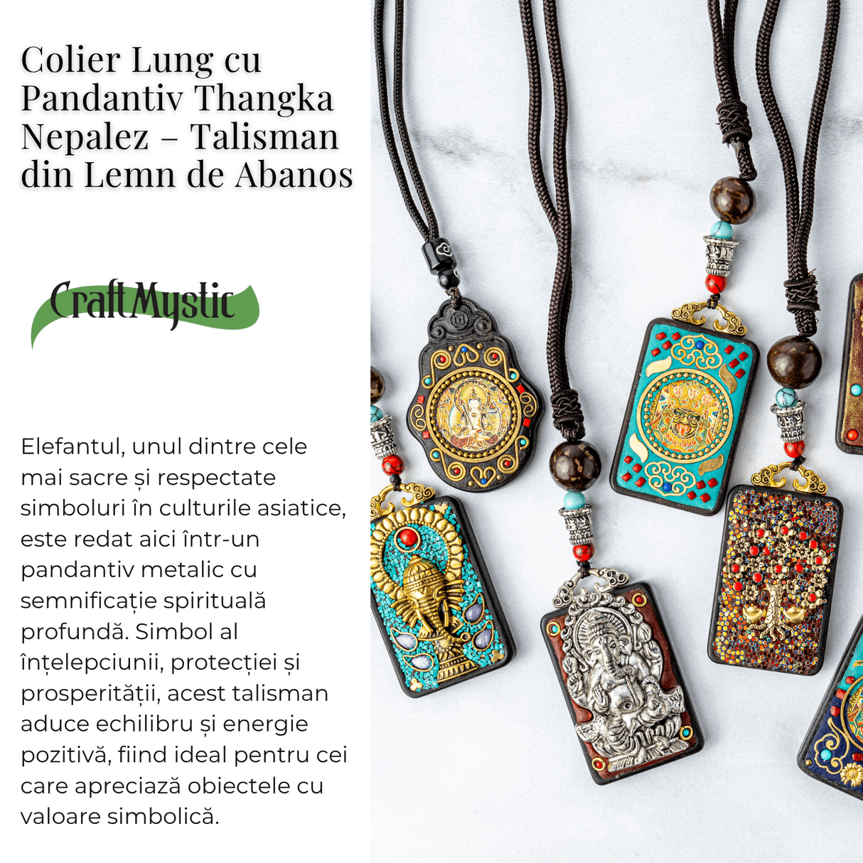 Colier Thangka Nepalez din Lemn de Abanos cu Zeul Ganesha - Prosperitate, Intelepciune si Protectie Divina