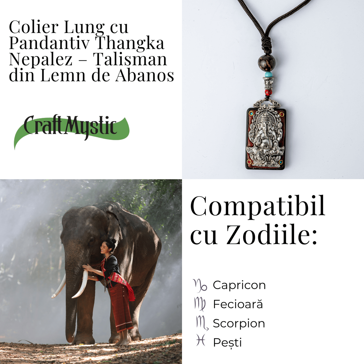 Colier Thangka Nepalez din Lemn de Abanos cu Zeul Ganesha - Prosperitate, Intelepciune si Protectie Divina