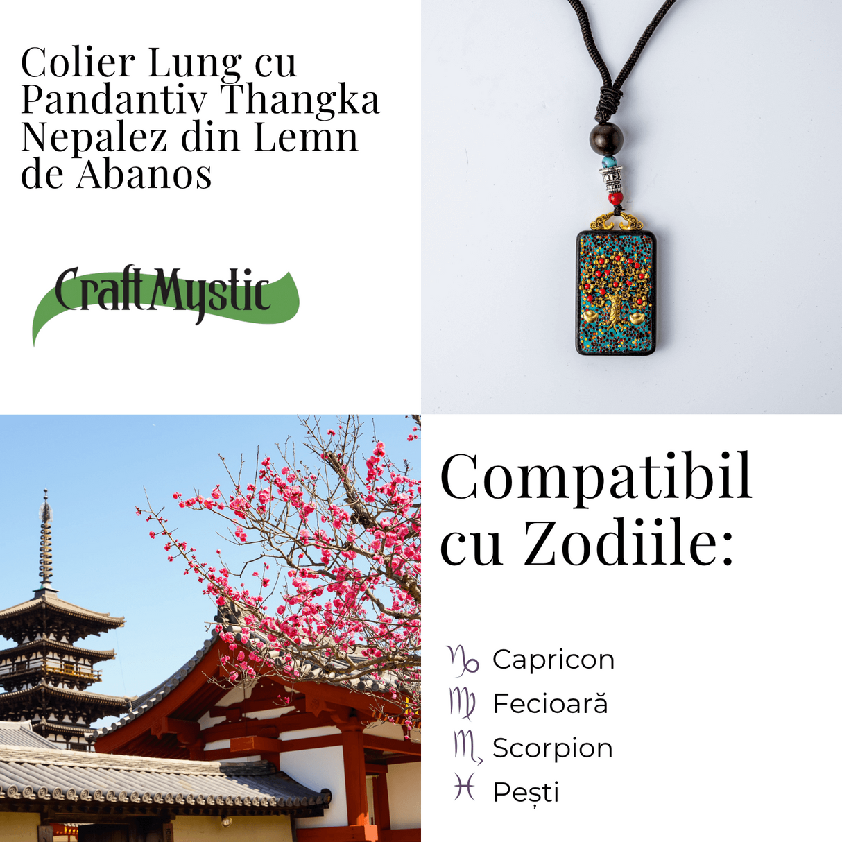 Colier Thangka Nepalez din Lemn de Abanos cu Arborele Vietii - Echilibru, Renastere si Conexiune Divina
