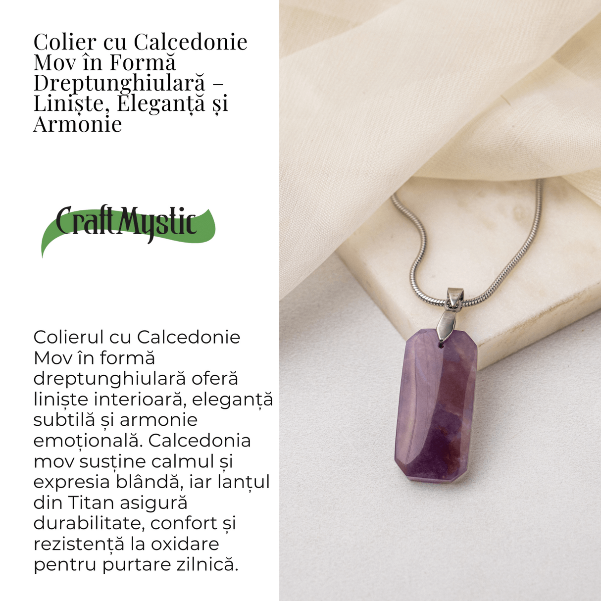 Colier Titanium cu Calcedonie Mov Dreptunghiulara - Armonie, Liniște si Eleganta Subtila