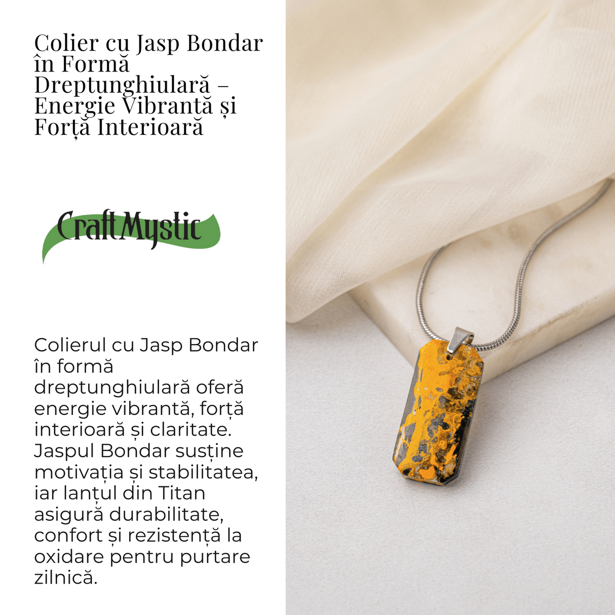 Colier Titanium cu Jasp Bondar Dreptunghiular - Energie Vibranta si Forta Interioara