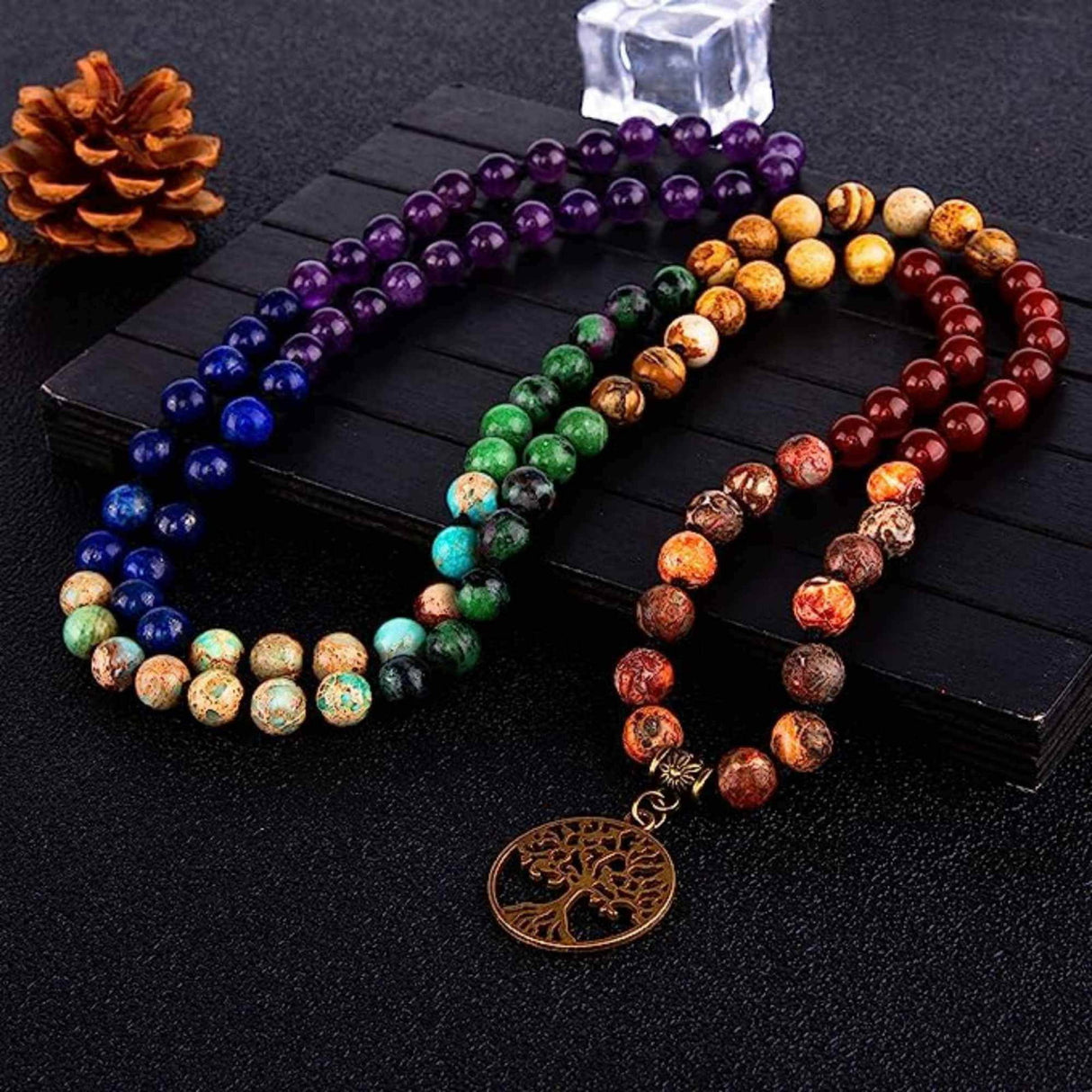 Colier Mala realizat manual cu dubla utilizare si 108 margele naturale semipretioase 7 chakre - Pentru Yoga, Meditatie