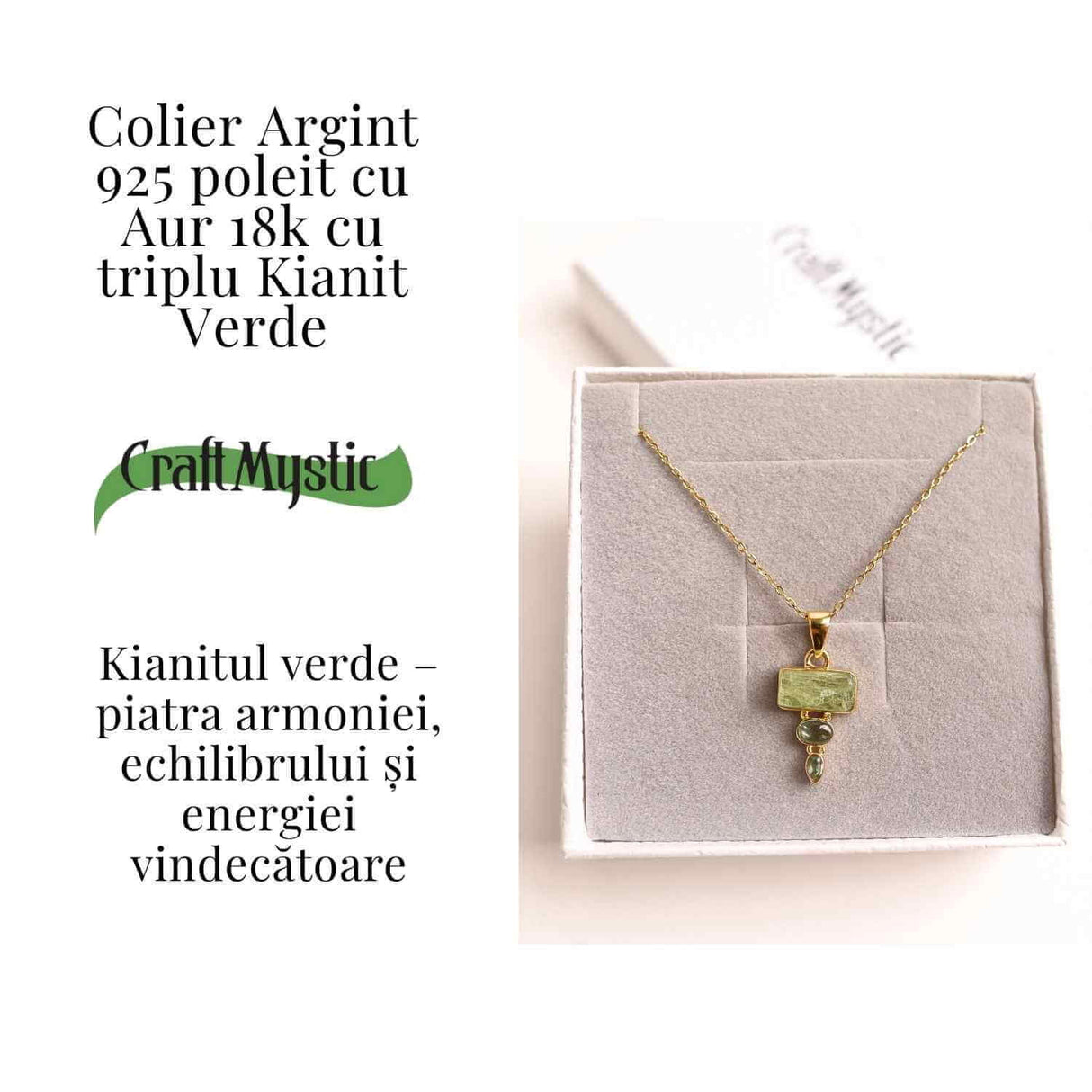 Echilibru si Vindecare Emotionala - Colier inox si pandantiv argint 925 placat cu aur de18k si Triplu Kyanit Verde