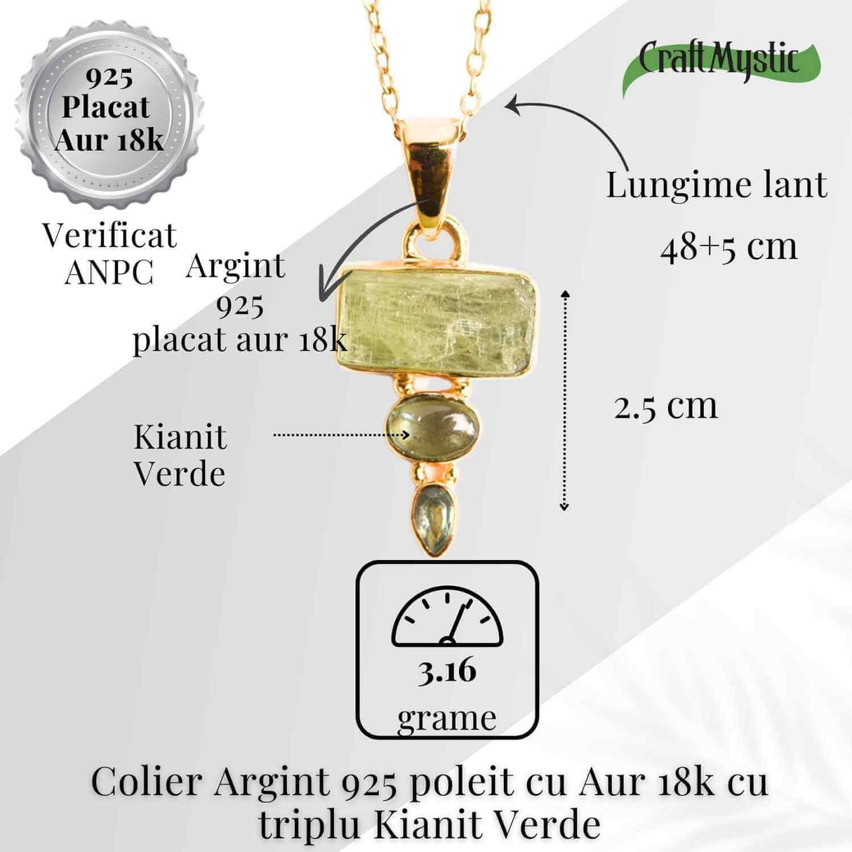 Echilibru si Vindecare Emotionala - Colier inox si pandantiv argint 925 placat cu aur de18k si Triplu Kyanit Verde