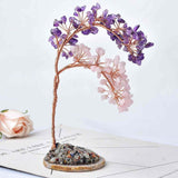Copac pietre semipretioase ametist si cuart Roz pe felie de agat - Decor cristal feng shui, accesorii pentru birou, cristale pentru meditatie