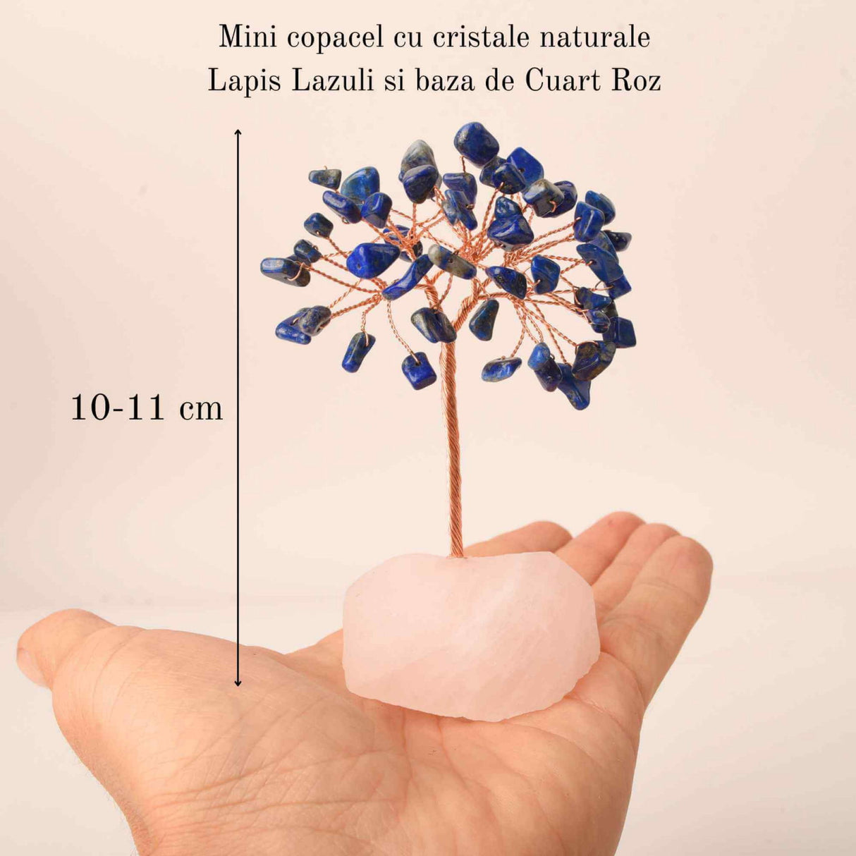 Copacel 10-11 cm din cristale naturale Lapis Lazuli cu baza de Cuart Roz cu 6 ramuri și 54 mini pietre semiprețioase - Armonie si bunastare