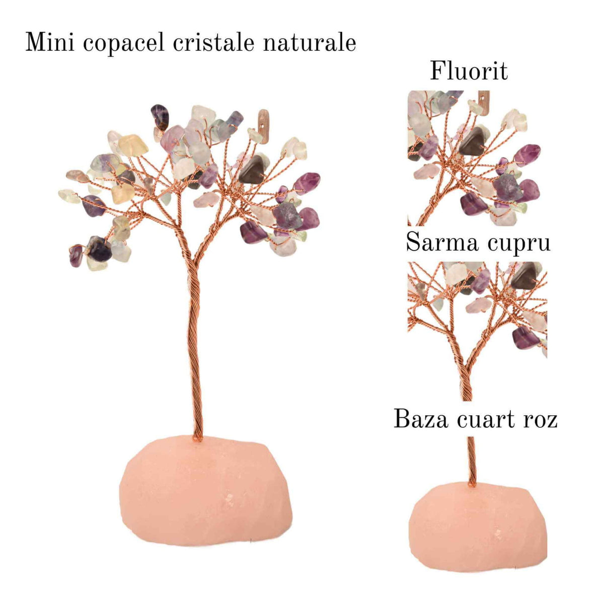 Copacel 10-11 cm din cristale naturale Fluorit cu baza de Cuart Roz cu 6 ramuri și 54 mini pietre semiprețioase - Echilibru si armonie