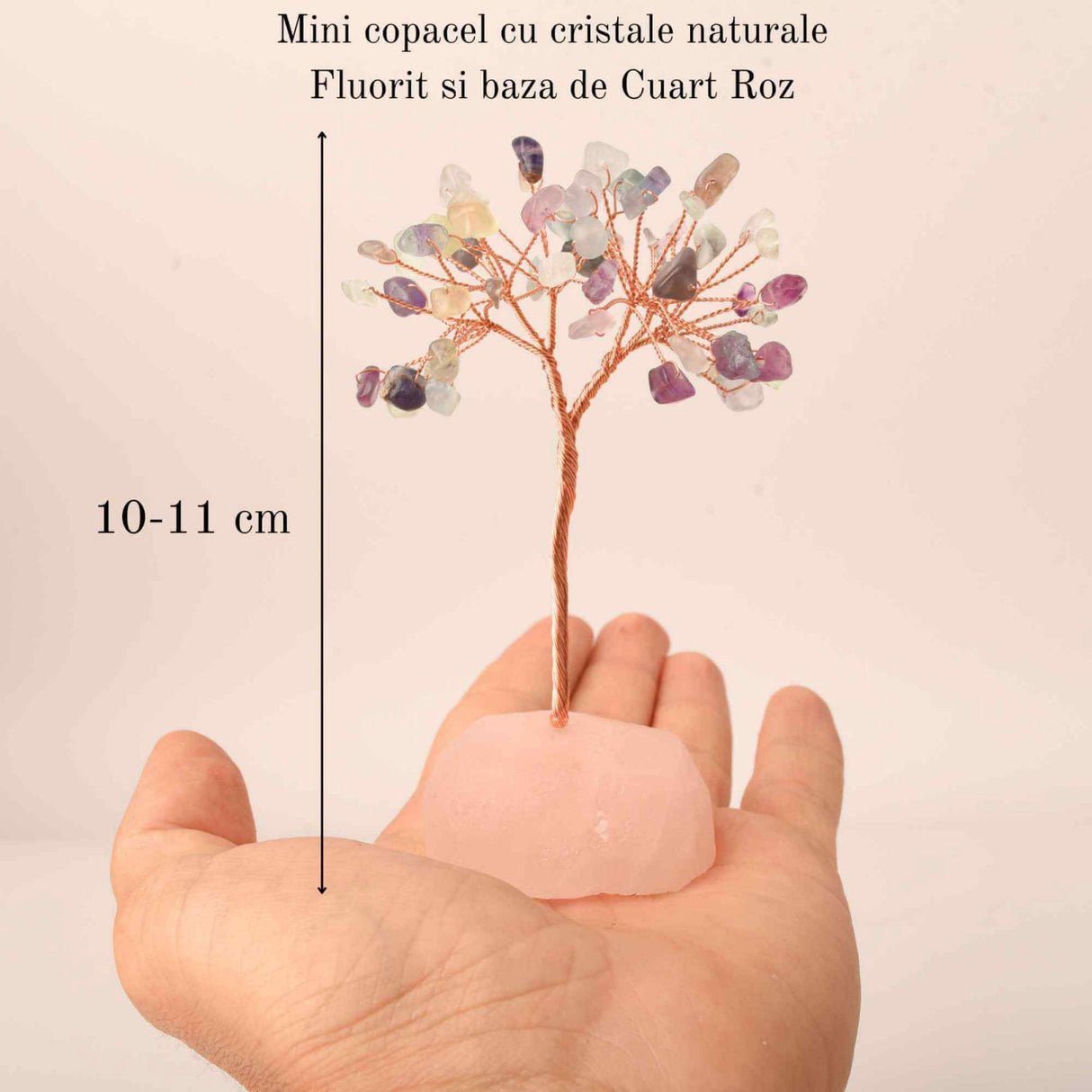 Copacel 10-11 cm din cristale naturale Fluorit cu baza de Cuart Roz cu 6 ramuri și 54 mini pietre semiprețioase - Echilibru si armonie