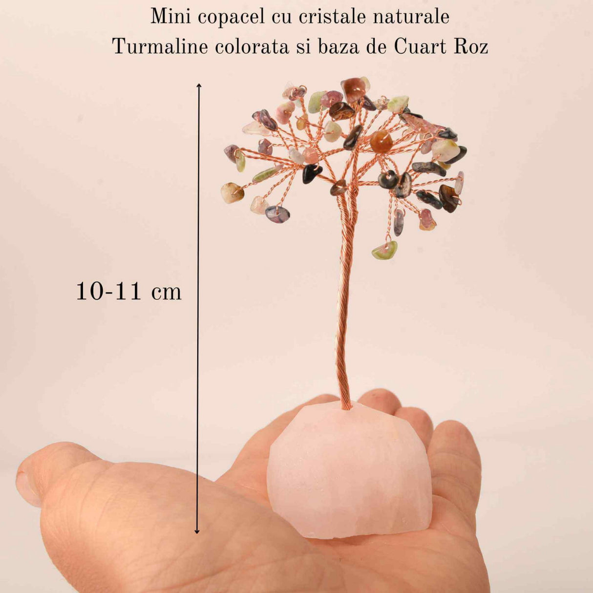 Copacel 10-11 cm din cristale naturale Turmalina colorata cu baza de Cuart Roz cu 6 ramuri și 54 mini pietre semiprețioase - Protectie si iubire