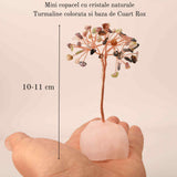 Copacel 10-11 cm din cristale naturale Turmalina colorata cu baza de Cuart Roz cu 6 ramuri și 54 mini pietre semiprețioase - Protectie si iubire