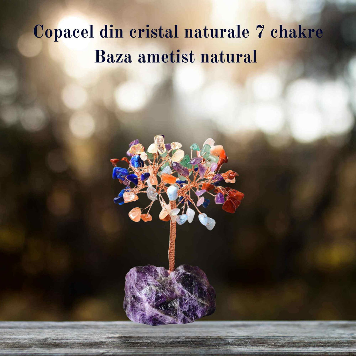 Copacel 12-13 cm din 7 pietre naturale Chakra si baza din cristal natural Ametist pentru noroc si prosperitate