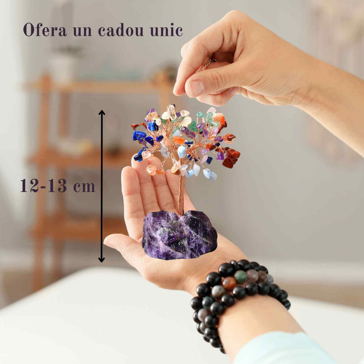 Copacel 12-13 cm din 7 pietre naturale Chakra si baza din cristal natural Ametist pentru noroc si prosperitate