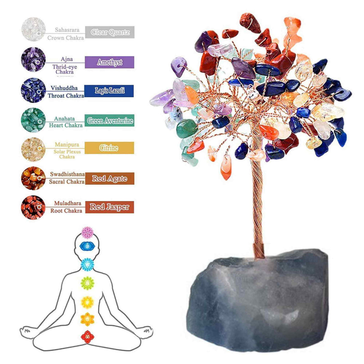 Copacel 12-13 cm din 7 pietre naturale Chakra si baza din cristal natural Flourit pentru noroc si prosperitate