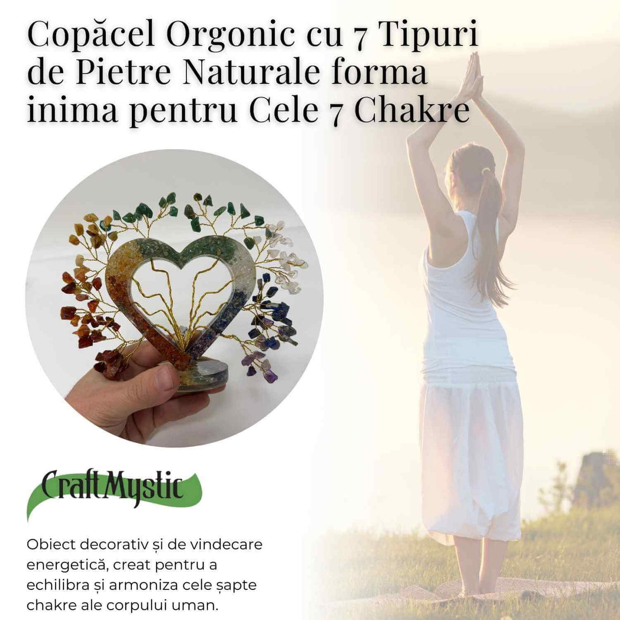 Copacel Orgonic cu 7 Pietre Naturale – Forma Inima pentru Cele 7 Chakre