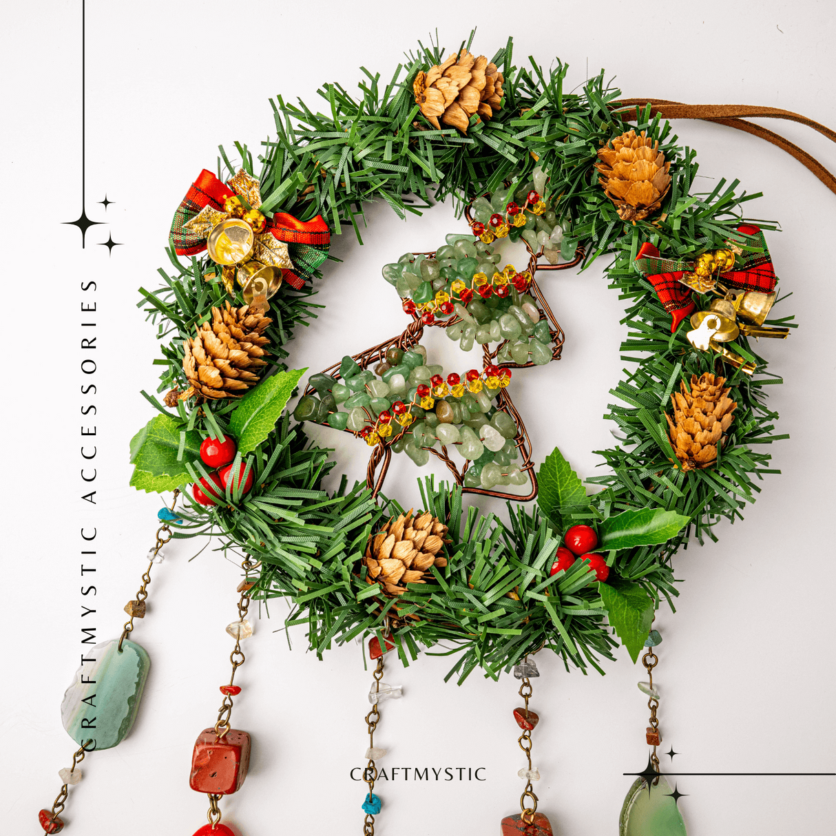 Coronita de Craciun cu Aventurin Verde, Jasp Rosu si Agat - Arborele Prosperitatii si Magiei Festive