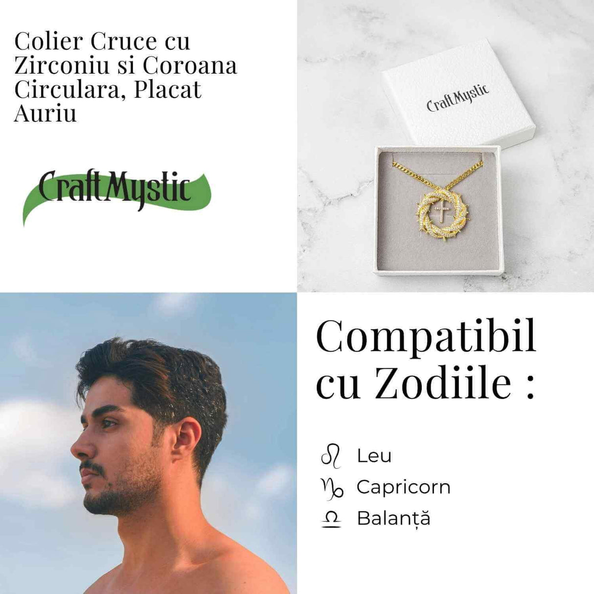 Credinta si Protectie - Colier Cruce cu Zirconiu si Coroana Circulara, Placat Auriu