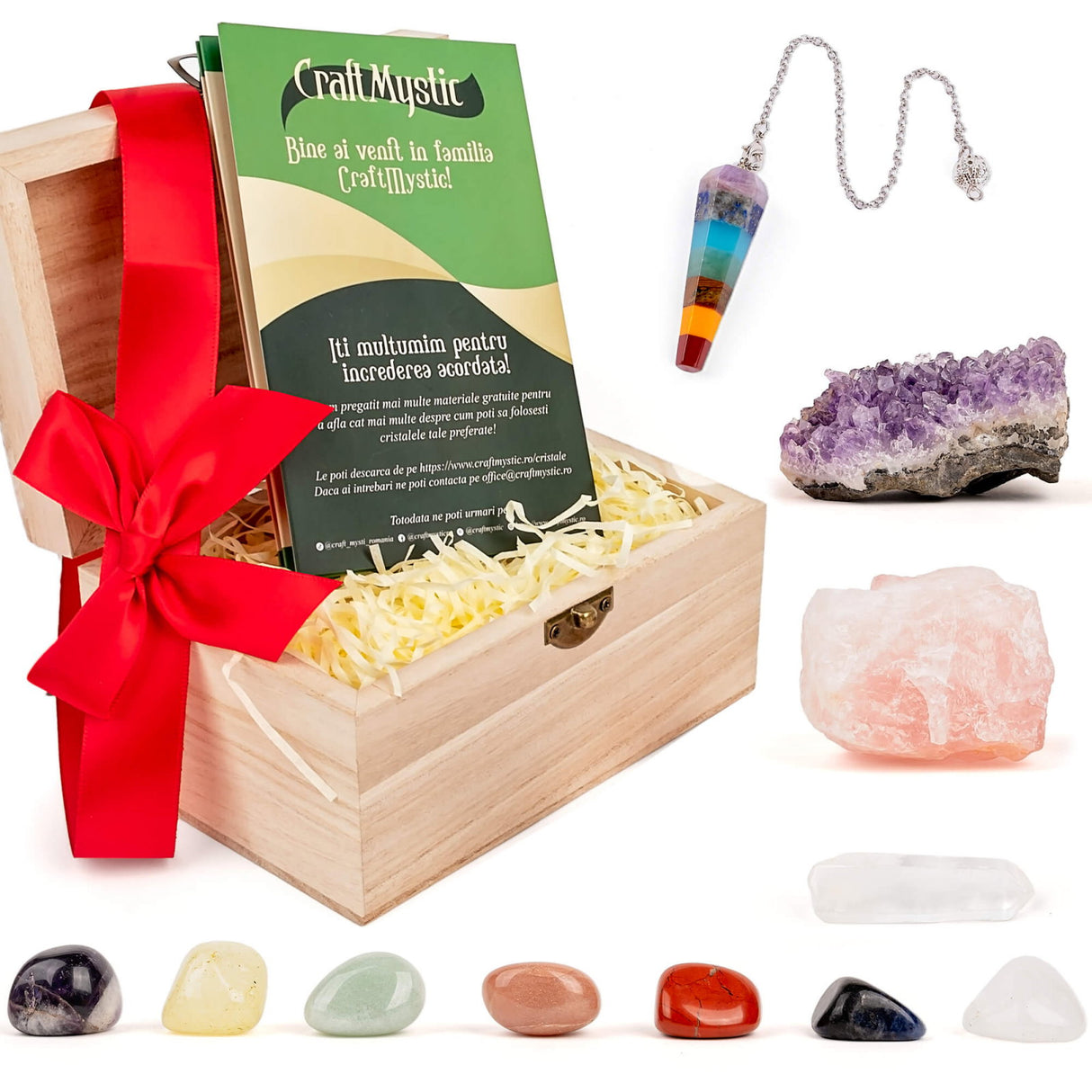 Set Premium cristale si pietre naturale vindecatoare in cutie de lemn - 11 piese pentru meditatie, spiritualitate, echilibrarea chakrelor - Cluster de ametist, pendul chakra, cuart roz, cristal de sta