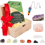 Set Premium cristale si pietre naturale vindecatoare in cutie de lemn - 11 piese pentru meditatie, spiritualitate, echilibrarea chakrelor - Cluster de ametist, pendul chakra, cuart roz, cristal de sta