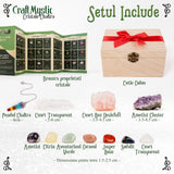 Set Premium cristale si pietre naturale vindecatoare in cutie de lemn - 11 piese pentru meditatie, spiritualitate, echilibrarea chakrelor - Cluster de ametist, pendul chakra, cuart roz, cristal de sta