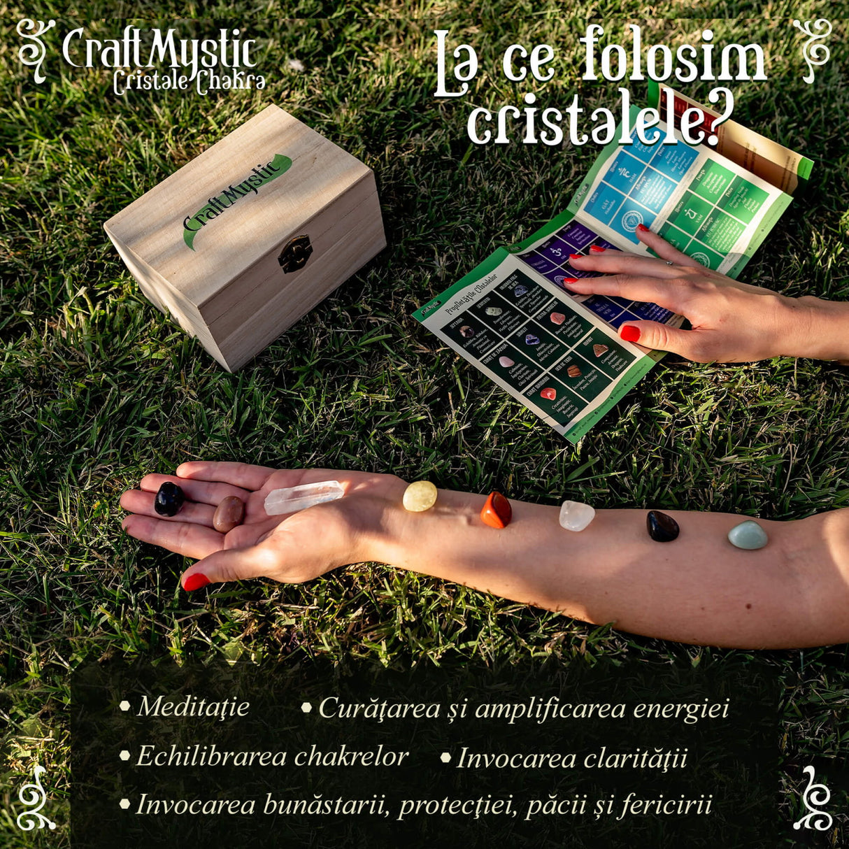 Set Premium cristale si pietre naturale vindecatoare in cutie de lemn - 11 piese pentru meditatie, spiritualitate, echilibrarea chakrelor - Cluster de ametist, pendul chakra, cuart roz, cristal de sta