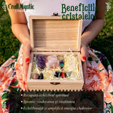 Set Premium cristale si pietre naturale vindecatoare in cutie de lemn - 11 piese pentru meditatie, spiritualitate, echilibrarea chakrelor - Cluster de ametist, pendul chakra, cuart roz, cristal de sta