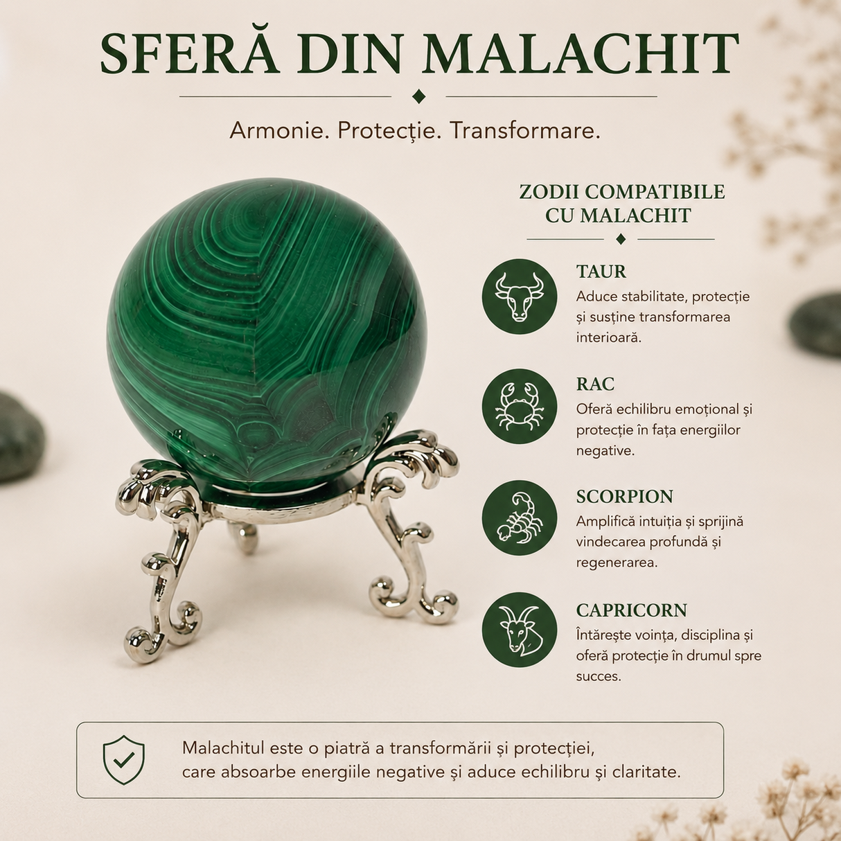 Sfera din Malachit Natural cu Suport Metalic – Protectie, Echilibru si Transformare