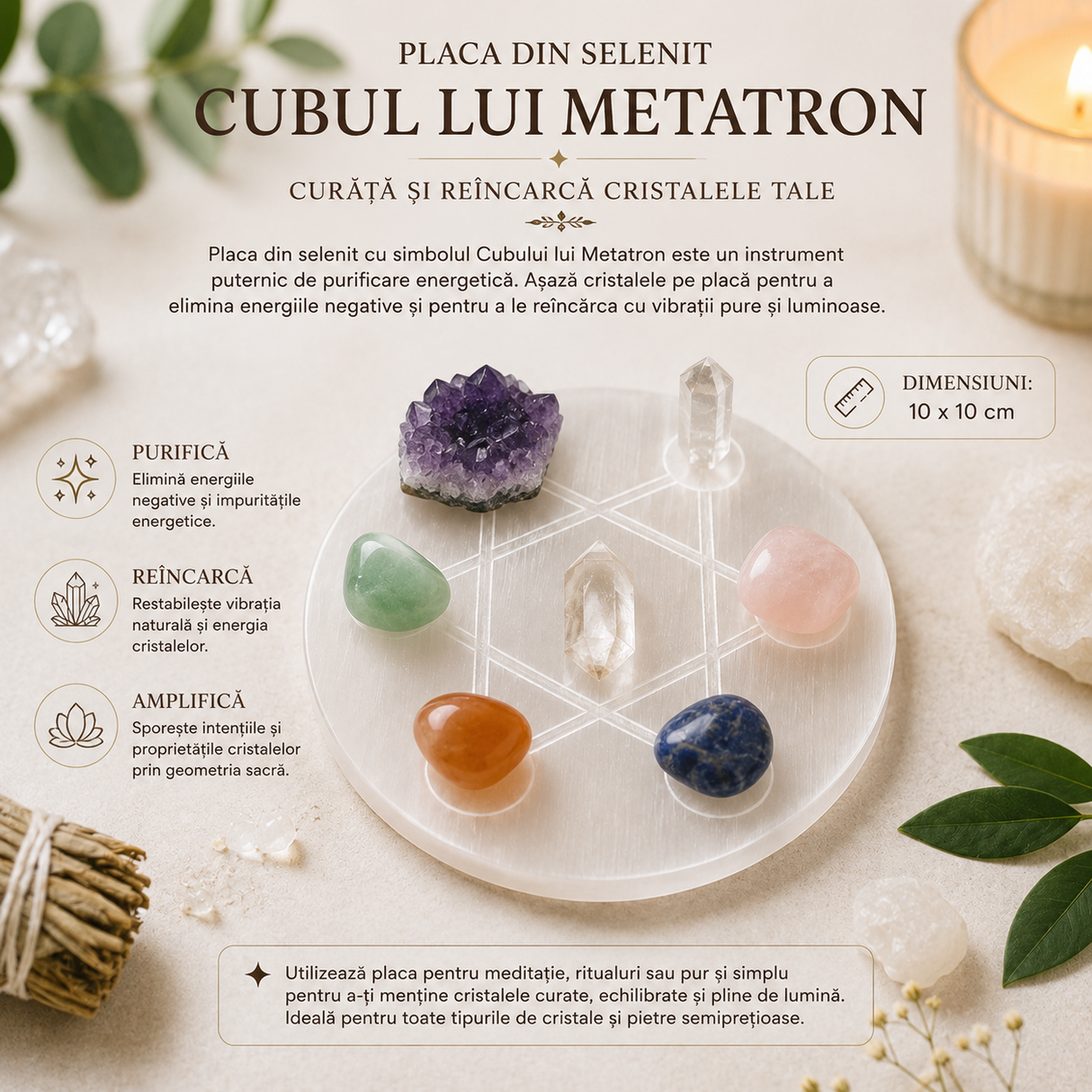 Placa din Selenit cu Simbolul Cubului lui Metatron – Purificare si Armonizare Energetica