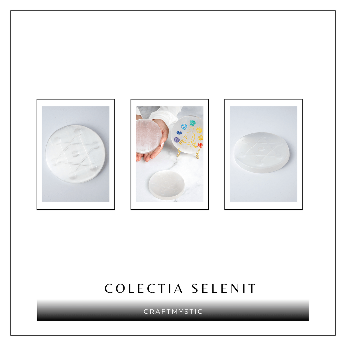 Disc Rotund din Selenit Natural 12cm - Placa cu Simbolul Metatron pentru Purificare si Protectie Energetica