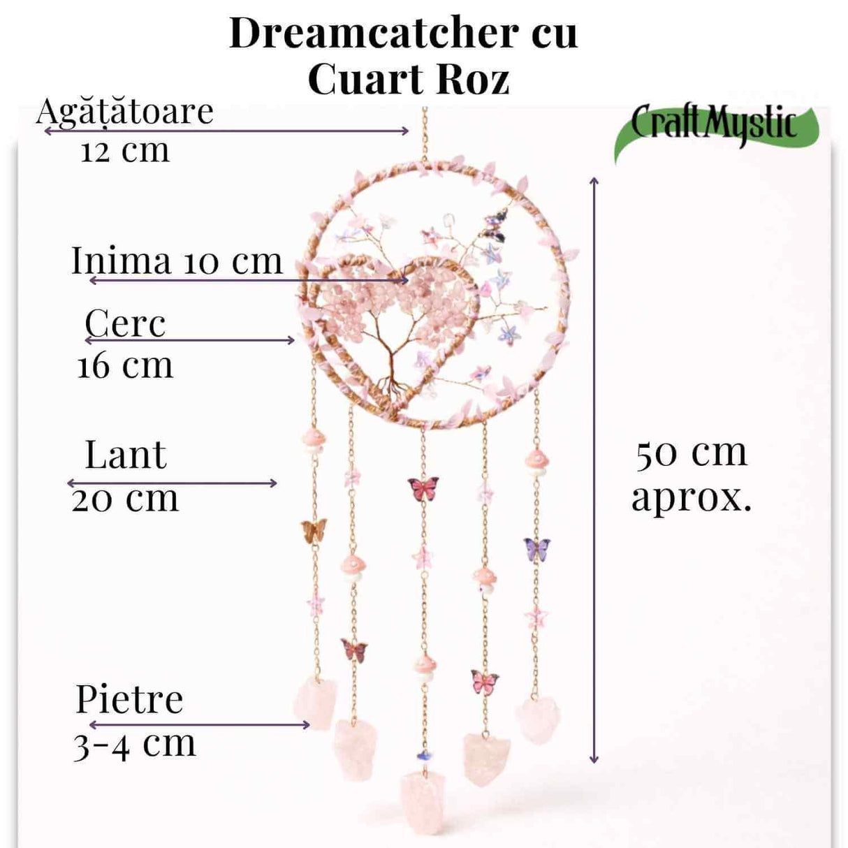 Dreamcatcher arborele vietii dincuart roz, un simbol al blândeții, iubirii si linistii interioare