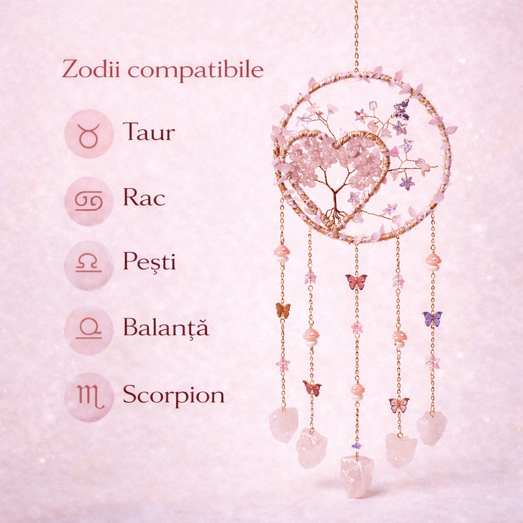 Dreamcatcher arborele vietii dincuart roz, un simbol al blândeții, iubirii si linistii interioare