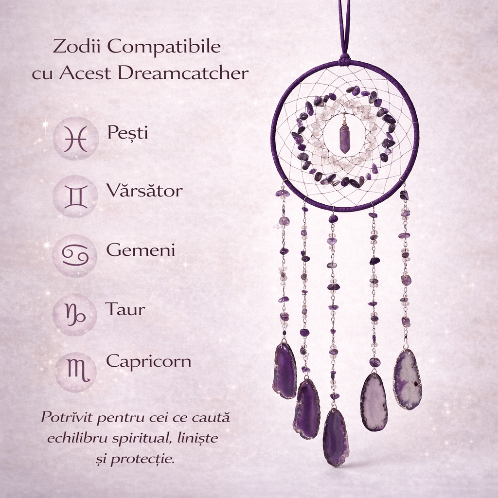 Dreamcatcher arborele vietii cu ametist – un simbol al claritătii si linistii interioare