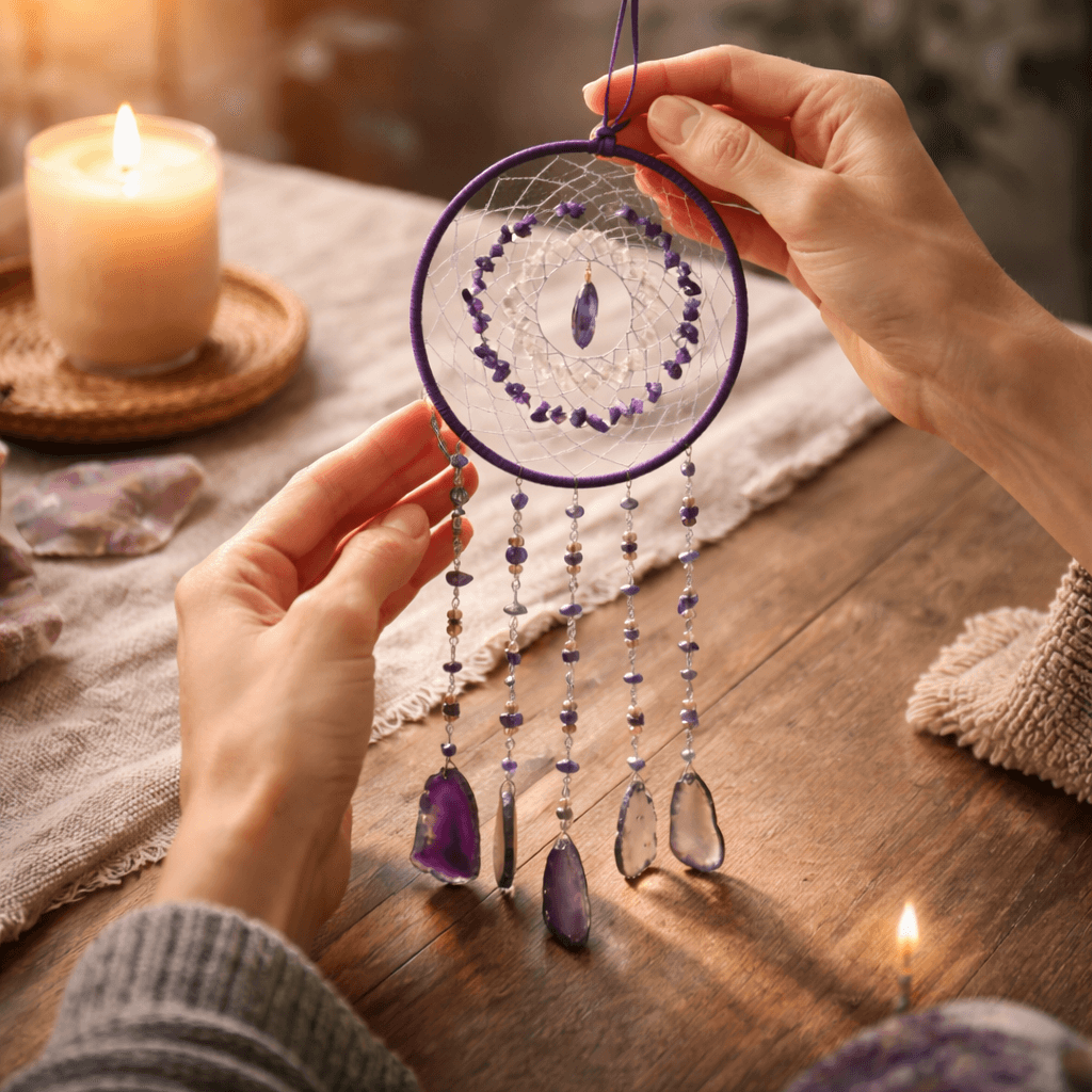 Dreamcatcher arborele vietii cu ametist – un simbol al claritătii si linistii interioare