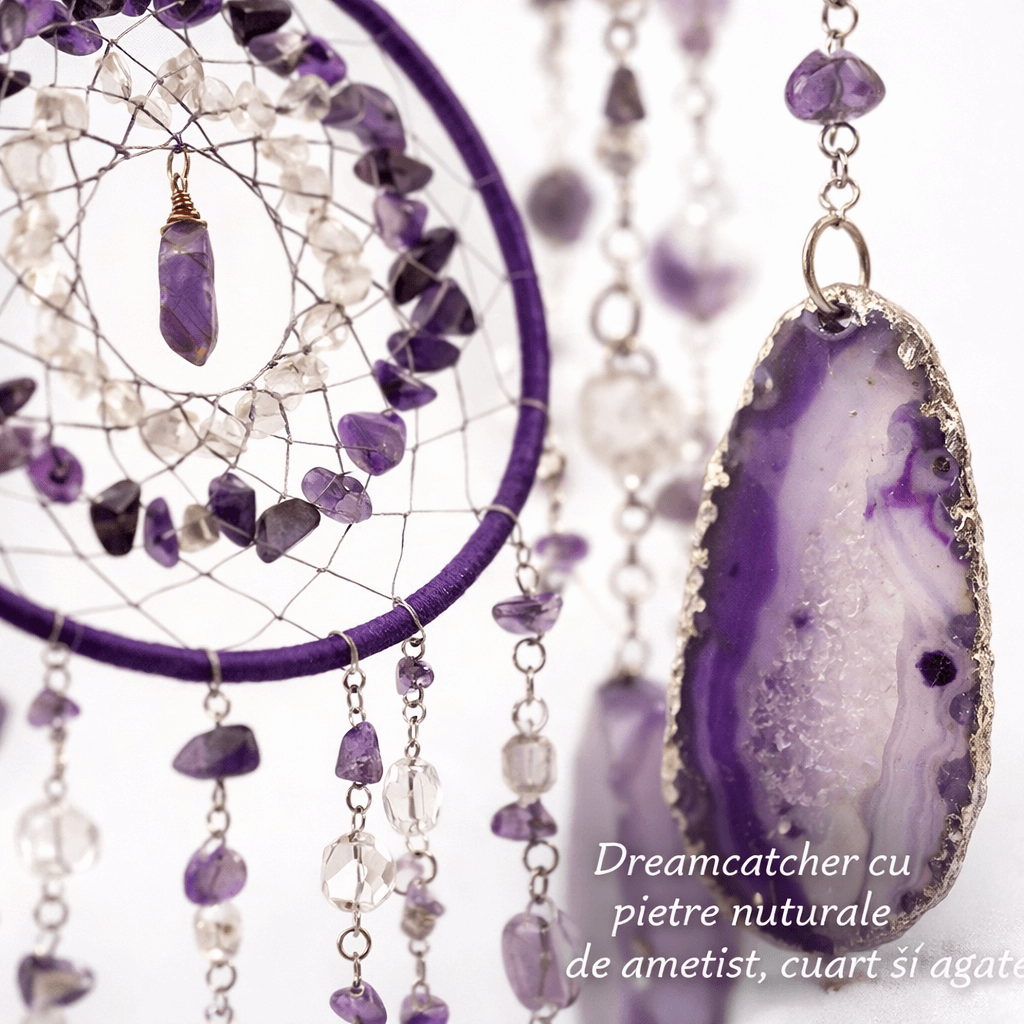 Dreamcatcher cu ametist, cuart transparent si agat – un simbol al claritătii si linistii interioare