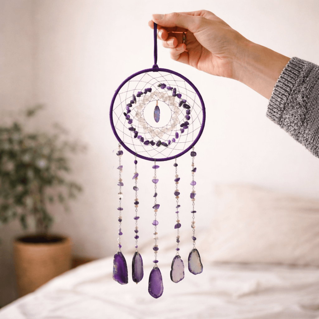 Dreamcatcher arborele vietii cu ametist – un simbol al claritătii si linistii interioare