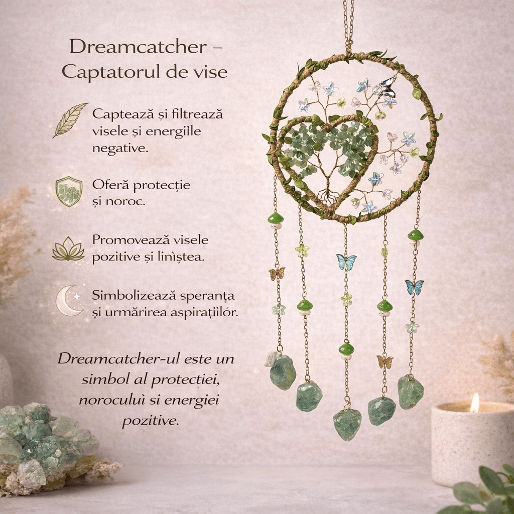 Dreamcatcher cu aventurin verde, un simbol al inimii deschise și al echilibrului natural