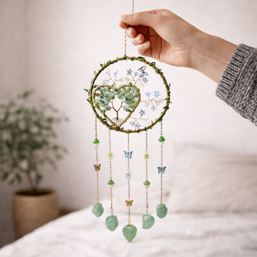 Dreamcatcher cu aventurin verde, un simbol al inimii deschise și al echilibrului natural
