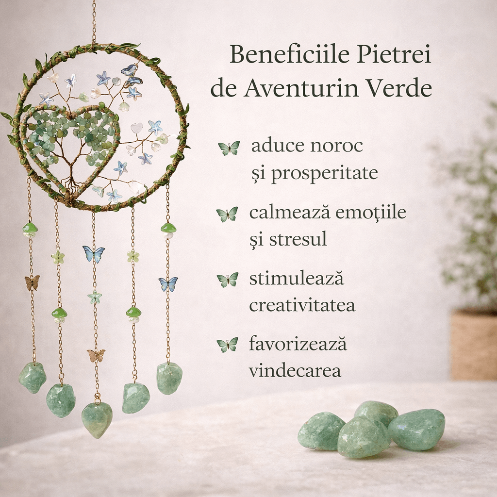 Dreamcatcher cu aventurin verde, un simbol al inimii deschise și al echilibrului natural