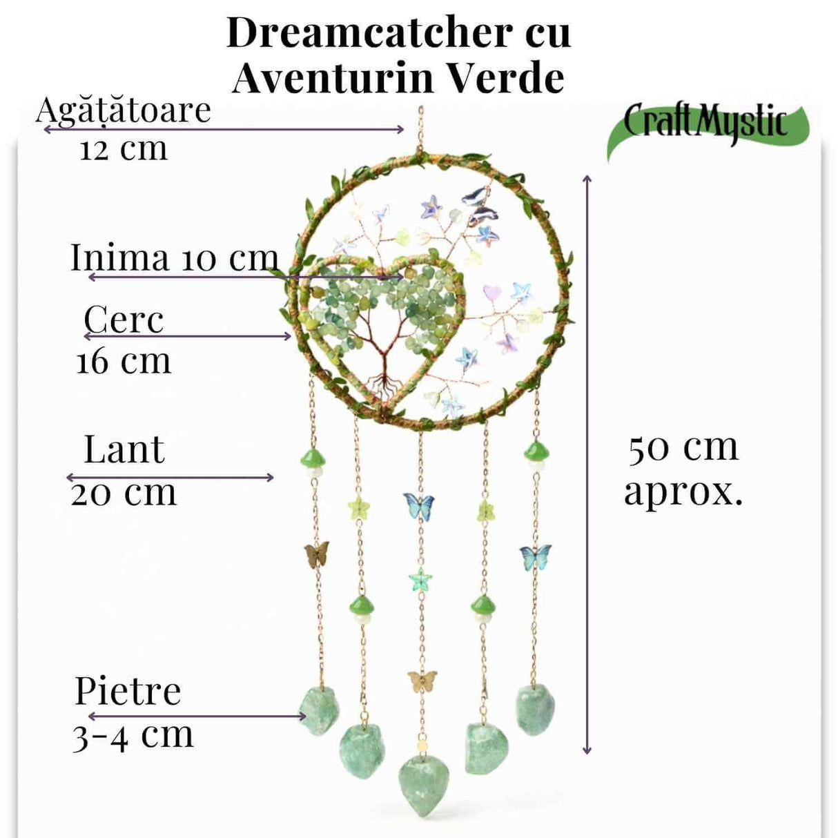 Dreamcatcher cu aventurin verde, un simbol al inimii deschise și al echilibrului natural