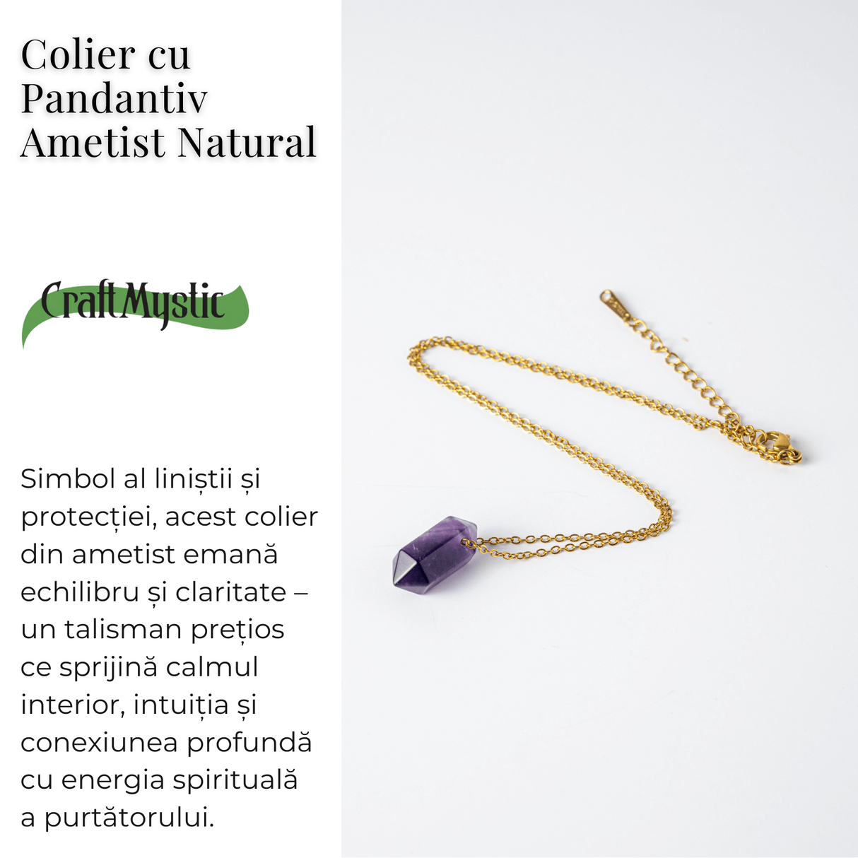 Calm si Echilibru - Colier din Ametist Natural cu Lant din Otel Inoxidabil