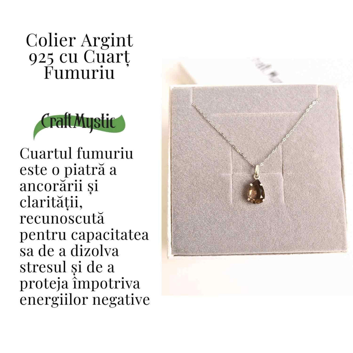 Echilibru si Protectie - Colier Cuart Fumuriu fatetat Lacrima Argint 925