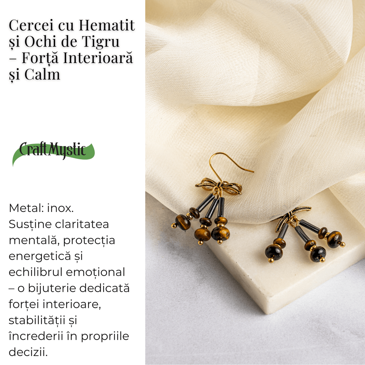 Forta Interioara si Calm - Cercei cu Hematit si Ochi de Tigru