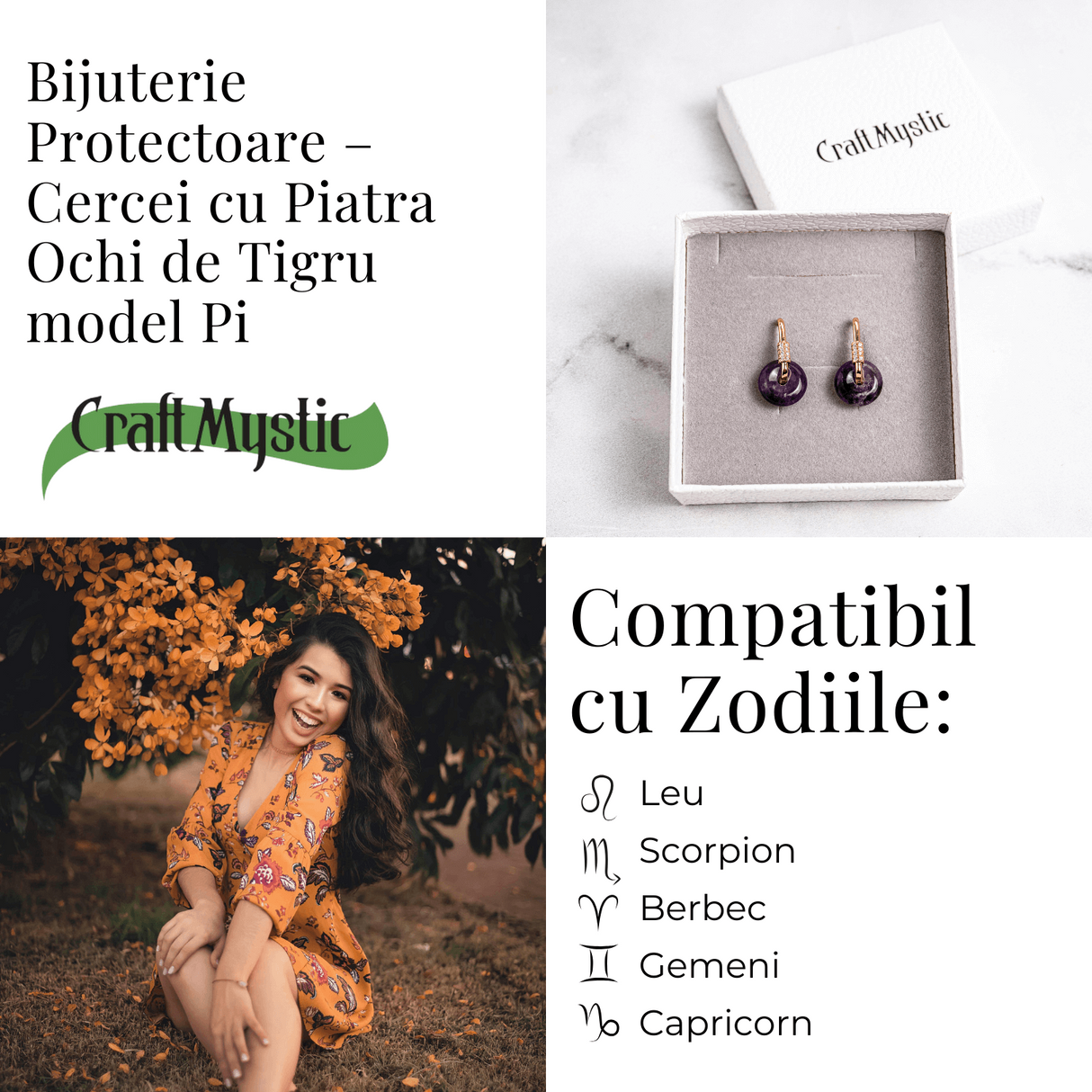 Bijuterie Protectoare - Cercei cu Piatra Ochi de Tigru model Pi