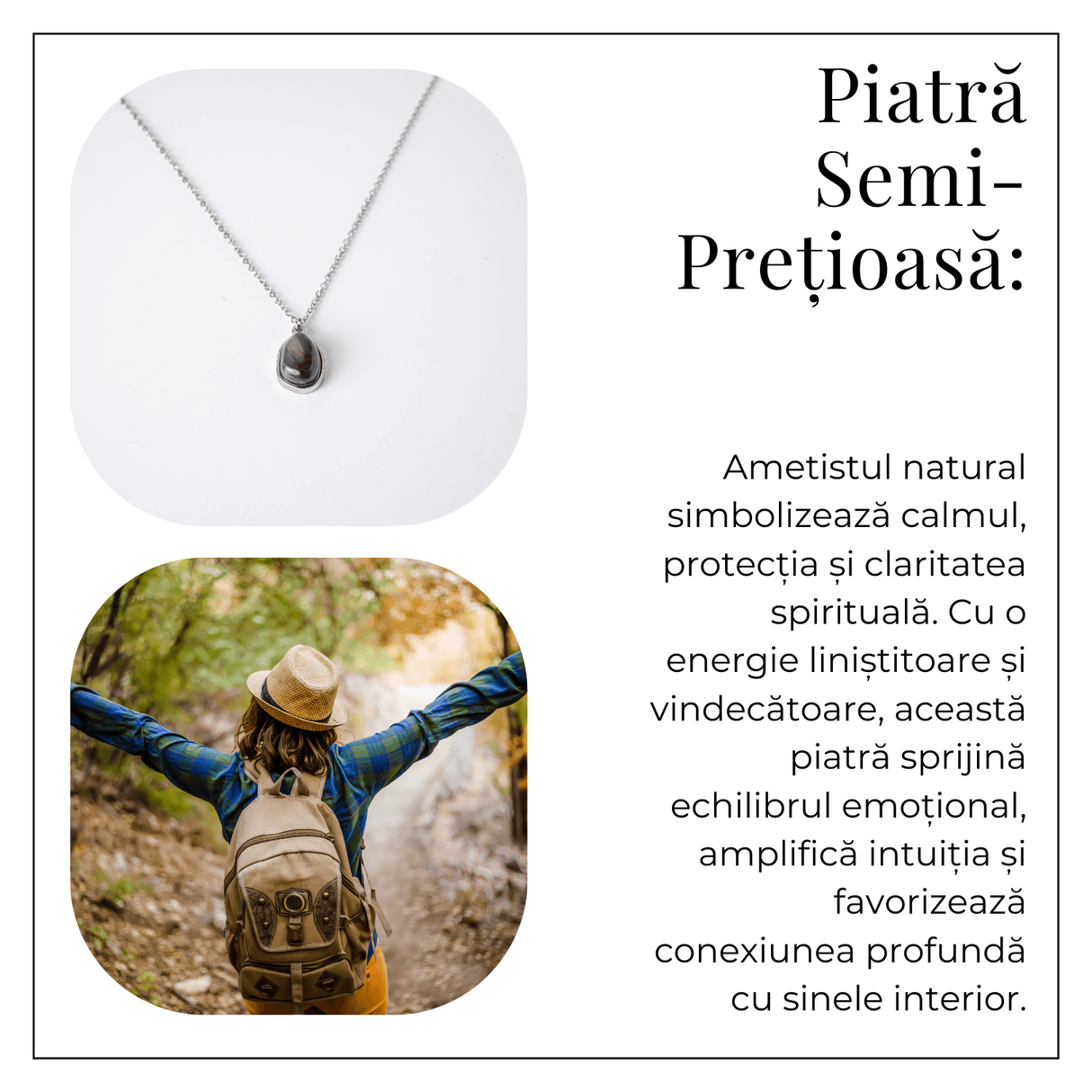 Echilibru si Liniste - Colier din Ametist Natural cu Lanț din Oțel Inoxidabil