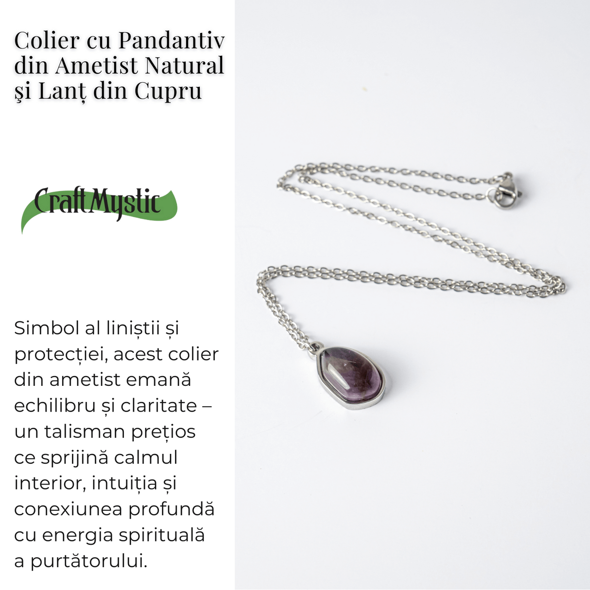 Echilibru si Liniste - Colier din Ametist Natural cu Lanț din Oțel Inoxidabil