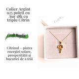 Energie Pozitiva si Prosperitate -Colier inox si pandantiv argint 925 placat cu aur de18k si Triplu Citrin