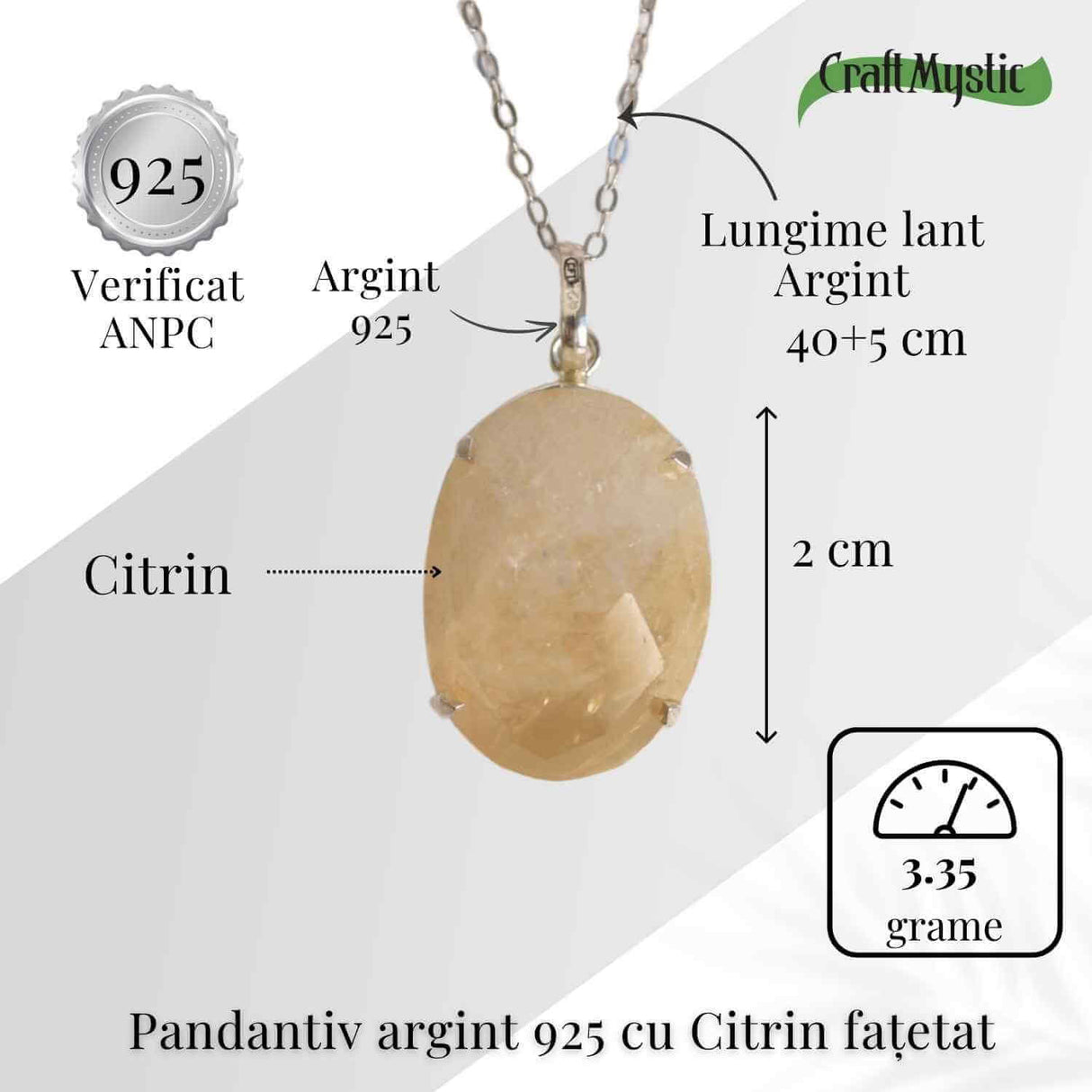 Lumina Interioara si Energie Pozitiva - Colier Oval cu Citrin Fatetat si Argint 925